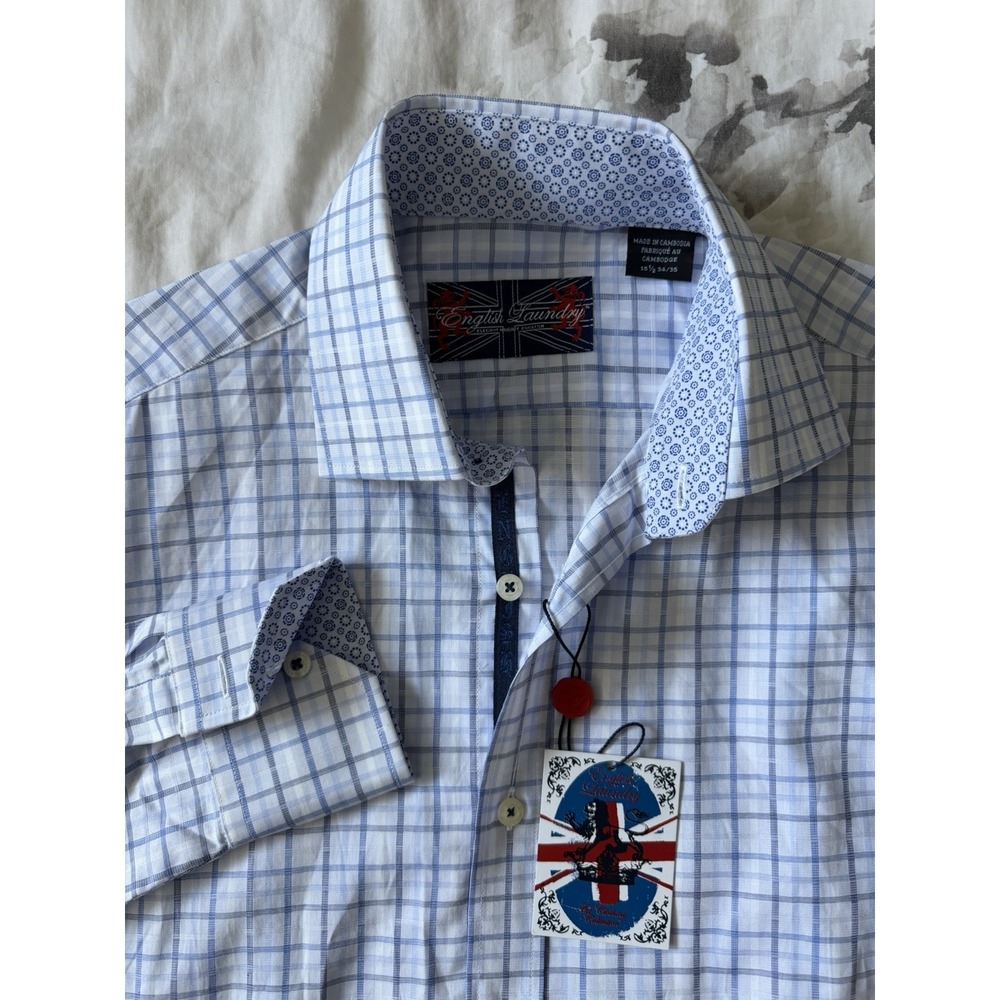 NWT English Laundry Blue Check Casual Dress Button Up Shirt Designer London Cuff